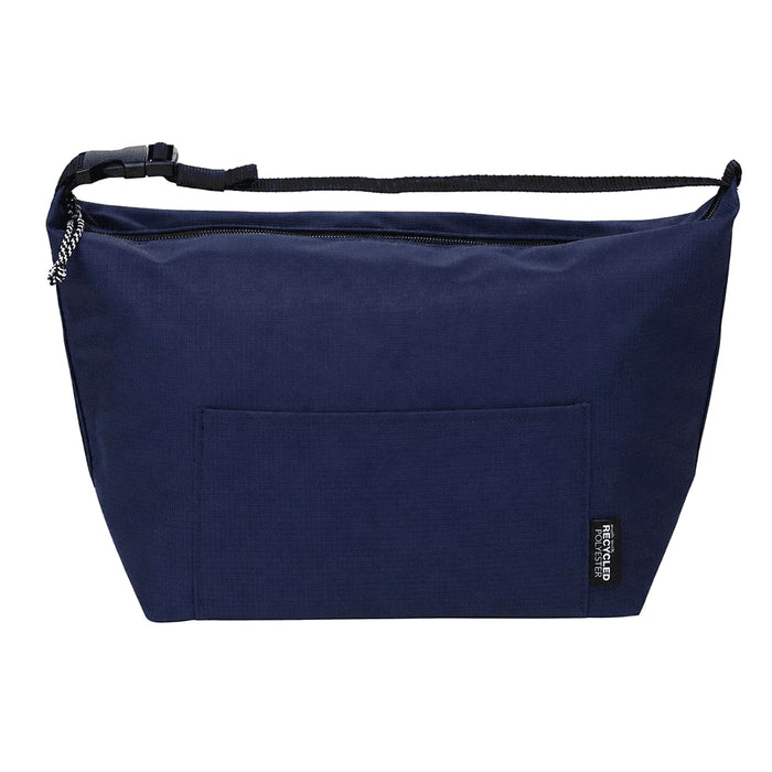 Caribou Drift Recycled 9 Can Lunch Cooler - A navy cooler bag with a zippered closure, adjustable strap, and an external pocket. It features a brand logo.
