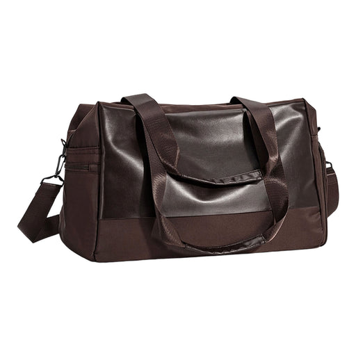 Carry-on Duffle Bag - A brown duffle bag with handles and a shoulder strap, featuring a logo and a sleek design.