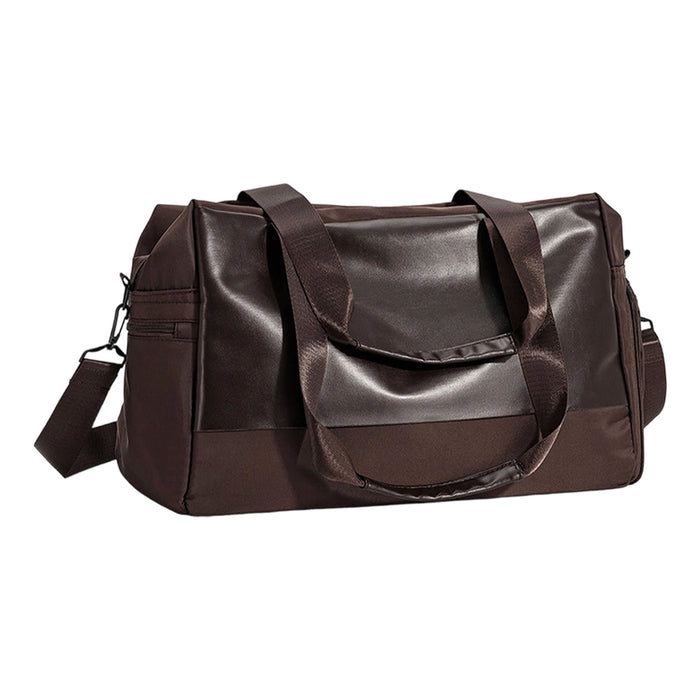 Carry-on Duffle Bag - A brown duffle bag with handles and a shoulder strap, featuring a logo and a sleek design.