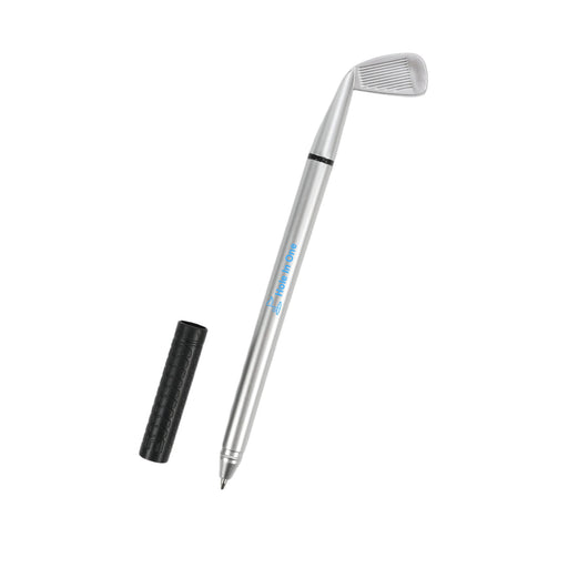 Golf Pen - A silver golf pen featuring a golf club design, accompanied by a black grip cover.