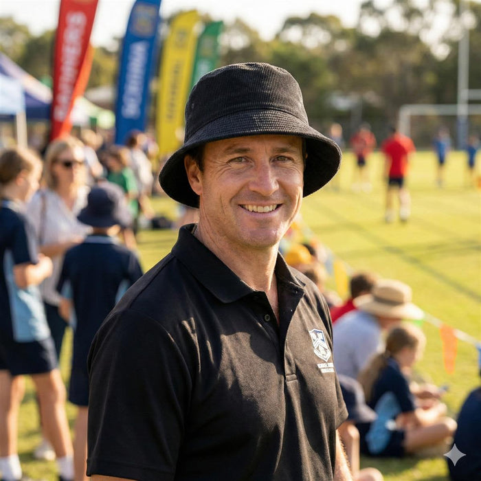 Leroy Cord Bucket Hat - A man wearing a black Leroy Cord Bucket Hat smiles at a sports field, with people and tents in the background.
