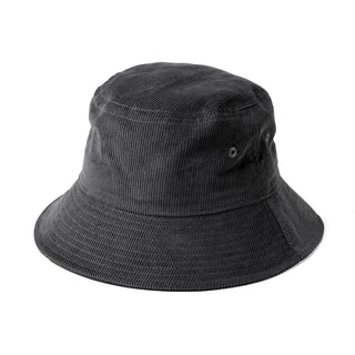 Leroy Cord Bucket Hat - A grey cord bucket hat with a wide brim and an eyelet for ventilation, featuring a logo on the side.
