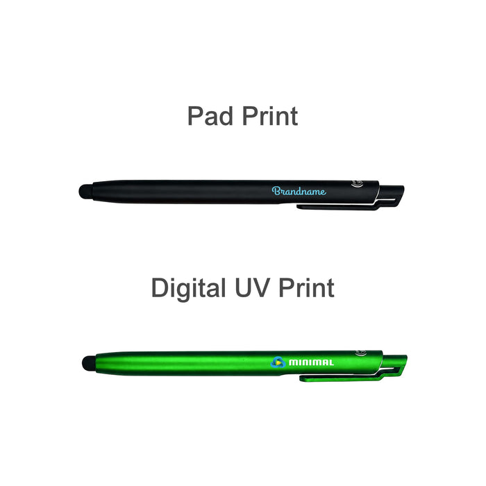 NFC Touchscreen Ballpoint Pen - A black and a green ballpoint pen, featuring a logo, showcasing different printing techniques.