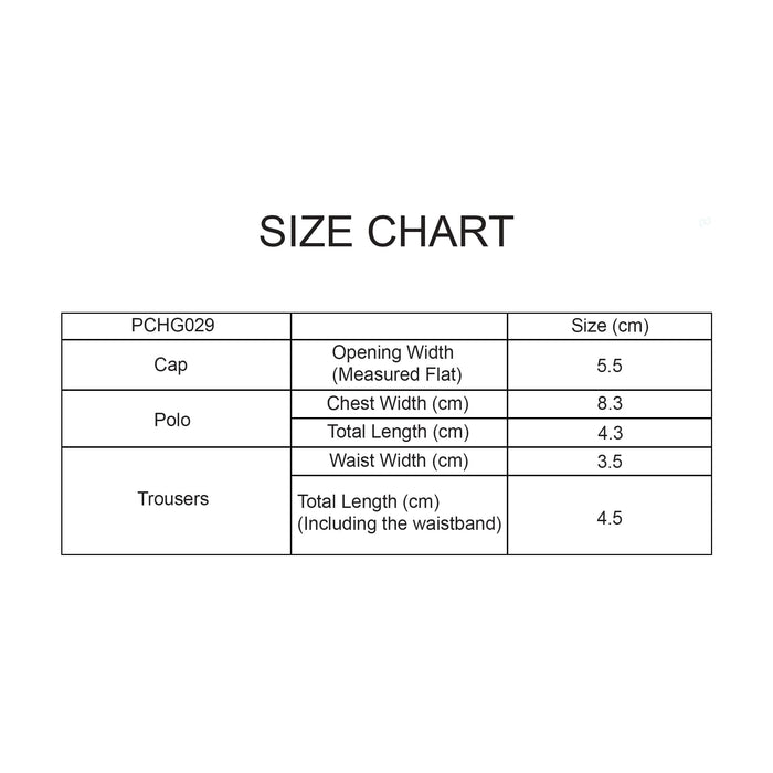 Plush Doll Racing Suit Set (15–17cm Doll) - A size chart displaying measurements for a cap, polo, and trousers, in black text on a white background.