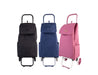 Sachi 'Swift' Shopping Trolley - A set of three shopping trolleys in black, navy, and pink, each with a logo and a folding handle.