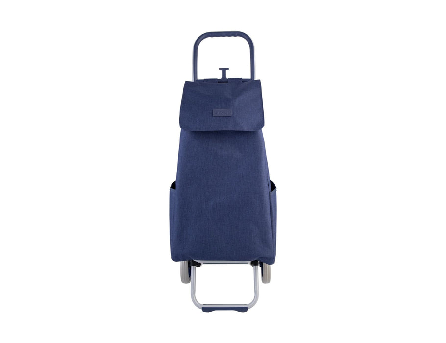 Sachi 'Swift' Shopping Trolley - A navy blue shopping trolley with a foldable design, featuring a top flap and side pockets. Includes a handle and wheels.