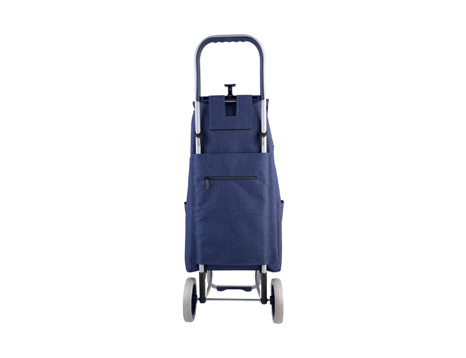 Sachi 'Swift' Shopping Trolley - A navy shopping trolley with a sturdy frame, featuring pockets and white wheels, and a logo on the design.