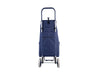 Sachi 'Swift' Shopping Trolley - A navy shopping trolley with a sturdy frame, featuring pockets and white wheels, and a logo on the design.