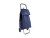Sachi 'Swift' Shopping Trolley - A navy blue shopping trolley with a foldable cover and two wheels, featuring a handle and a side pocket.