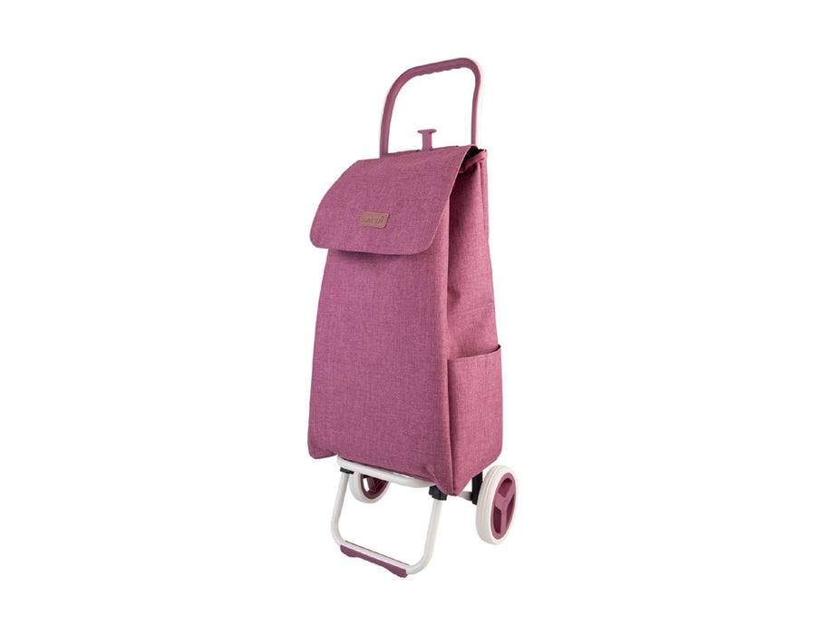 Sachi 'Swift' Shopping Trolley - A pink shopping trolley with a large fabric compartment and a handle on top, featuring a white wheeled base.
