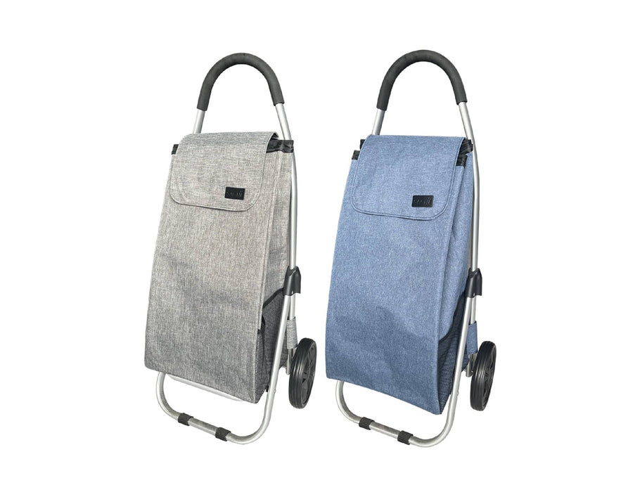 Sachi 'Urban' Aluminium Shopping Trolley - A grey and a blue aluminium shopping trolley with black handles, featuring a logo on each trolley.