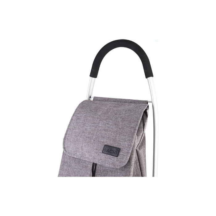 Sachi 'Urban' Aluminium Shopping Trolley - A grey fabric shopping trolley with a black handle and a flap cover, featuring a logo on the front.