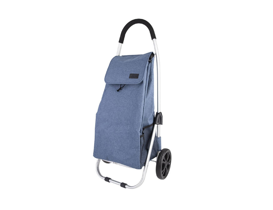 Sachi 'Urban' Aluminium Shopping Trolley - A blue aluminium shopping trolley with a large main compartment and two wheels, featuring a logo on the side.