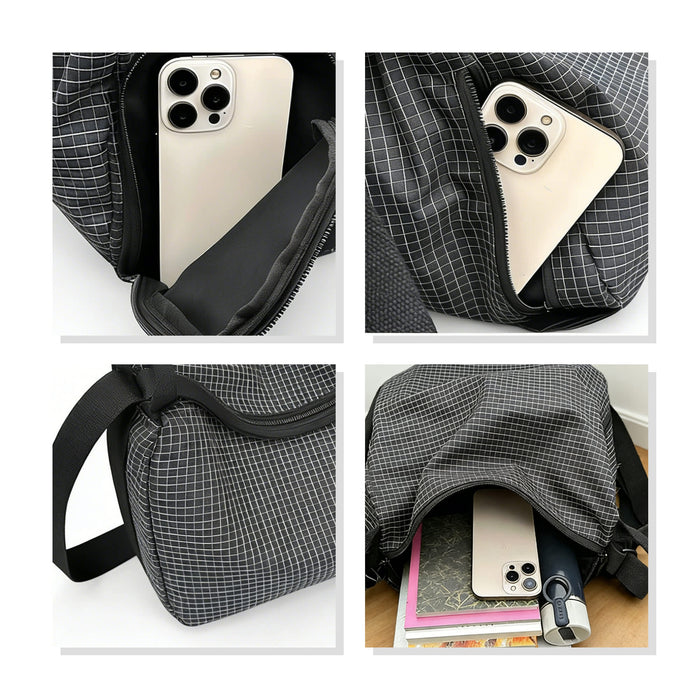 Convertible Lightweight Backpack Duffel Bag - A black and grey checkered convertible backpack duffel bag with a phone, notebook, and drink bottle inside.