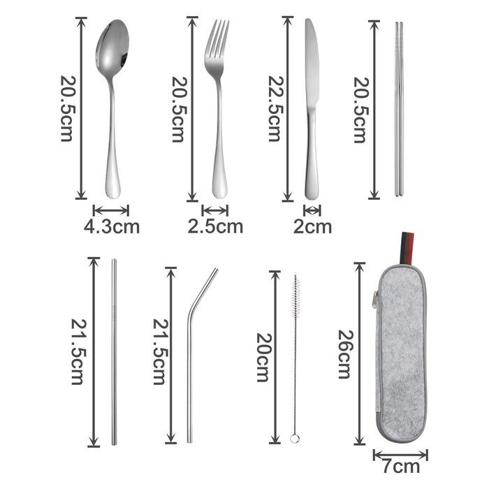 Stainless Steel Flatware Set 7pcs - A stainless steel flatware set featuring a spoon, fork, knife, straws, cleaning brush, and a carrying pouch.