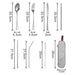 Stainless Steel Flatware Set 7pcs - A stainless steel flatware set featuring a spoon, fork, knife, straws, cleaning brush, and a carrying pouch.