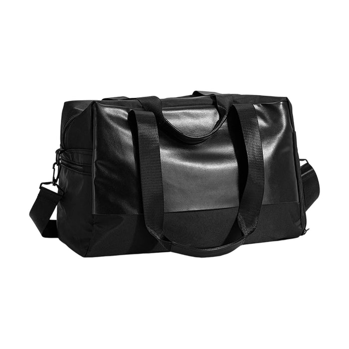 Carry-on Duffle Bag - A black duffle bag with dual handles and a shoulder strap, featuring a logo on one side.