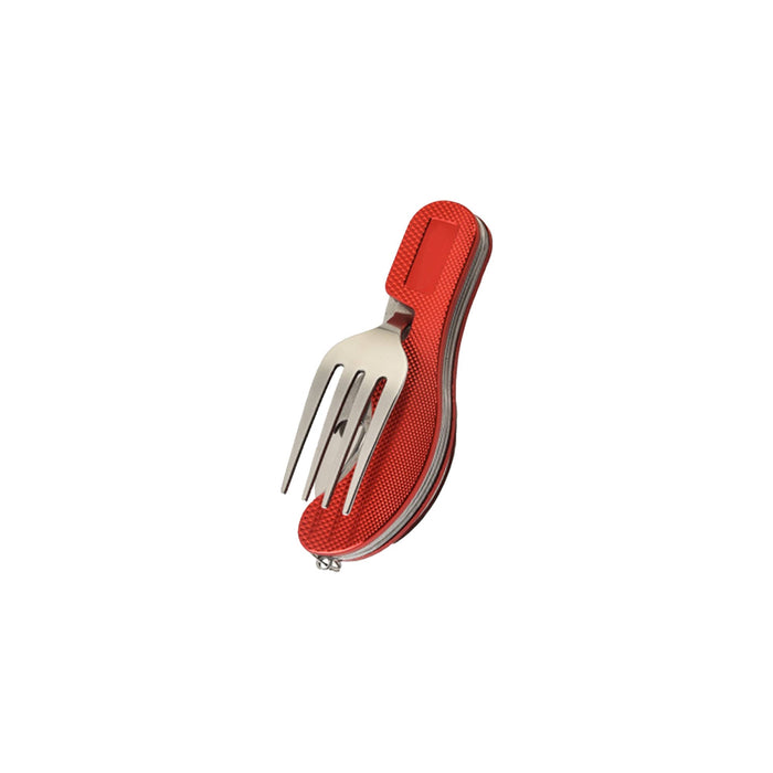 Camping Cutlery - A red camping cutlery tool featuring a fork with a textured handle. It includes a logo on the handle.