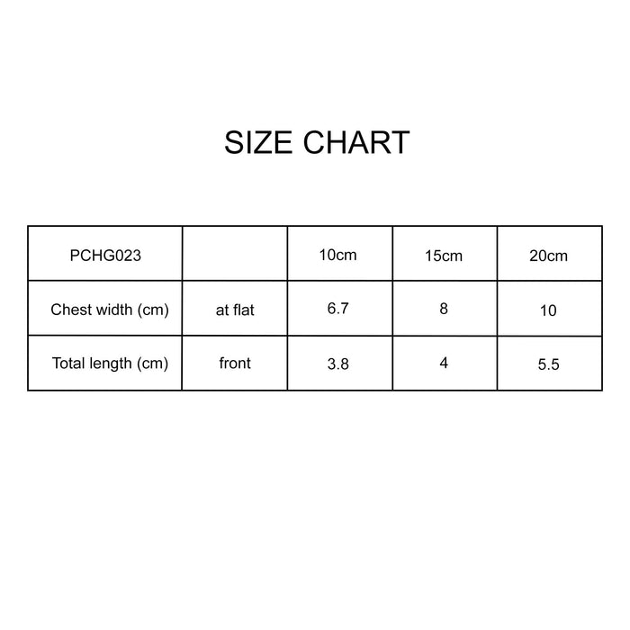 Plush Doll Basic Tank Top - A size chart displaying measurements for a plush doll tank top in centimetres. Includes chest width and total length.