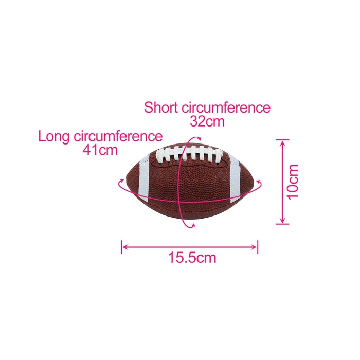 Mini Promotional American Football - A mini promotional American football in brown with white stripes, featuring measurements for length and circumference.