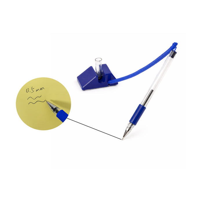 Counter Fixed Signature Pen A - A blue fixed signature pen with a triangular base and a document holder, attached by a flexible cord.