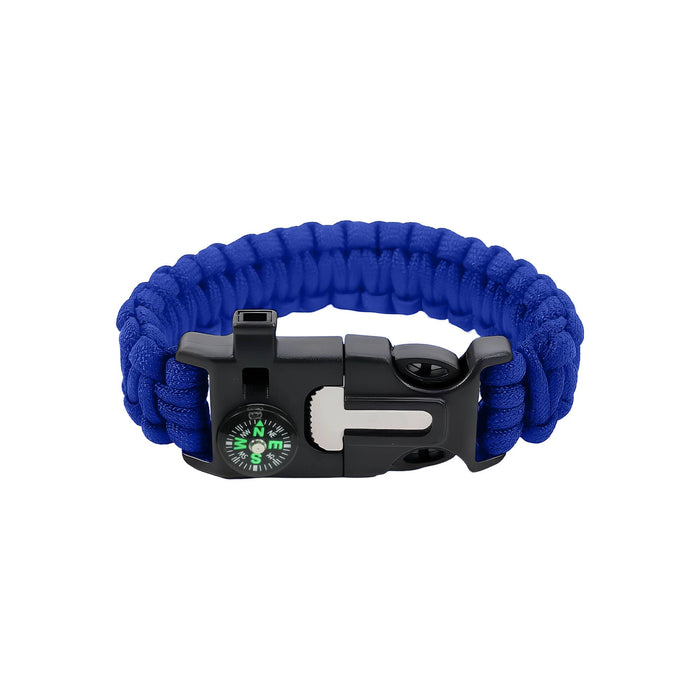 5 in 1 Survival Bracelet - A blue survival bracelet featuring a compass and a secure clasp. The bracelet is made of durable paracord.