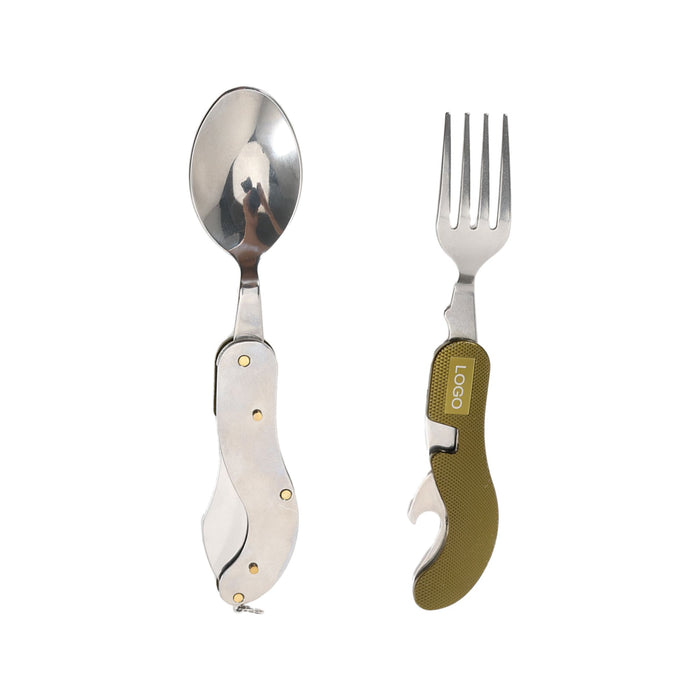 Camping Cutlery - Camping cutlery set featuring a silver spoon and fork with a brown handle, includes a logo. Perfect for outdoor dining.