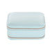 Fashion PU Leather Jewellery Case with Mirror - A light blue PU leather jewellery case with a zipped closure. It features a smooth surface and has a mirror inside.