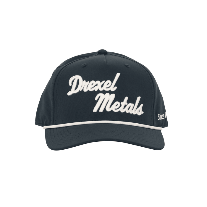 Heritage 5 Panel Polyester Cap with Custom Braid - A dark grey cap featuring white embroidered text and a braid along the brim, with a logo present.