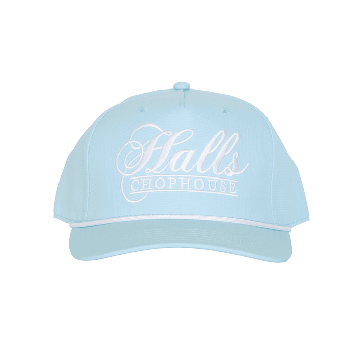Heritage 5 Panel Polyester Cap with Custom Braid - A light blue five-panel polyester cap featuring a custom braid and an embroidered logo on the front.