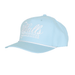 Heritage 5 Panel Polyester Cap with Custom Braid - A light blue polyester cap featuring a custom braid and a logo on the front.