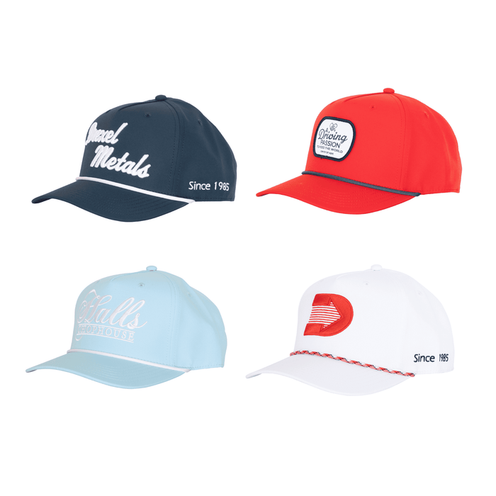 Heritage 5 Panel Polyester Cap with Custom Braid - A collection of four caps featuring different colours: navy, red, light blue, and white, each with unique designs and branding.