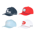 Heritage 5 Panel Polyester Cap with Custom Braid - A collection of four caps featuring different colours: navy, red, light blue, and white, each with unique designs and branding.