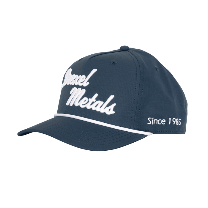 Heritage 5 Panel Polyester Cap with Custom Braid - A navy 5 panel polyester cap featuring a white custom braid and embroidered branding on the front and side.