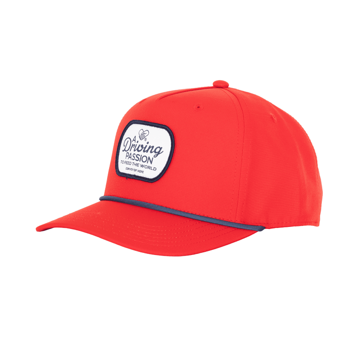 Heritage 5 Panel Polyester Cap with Custom Braid - A red 5-panel polyester cap featuring a custom braid and a logo patch on the front.