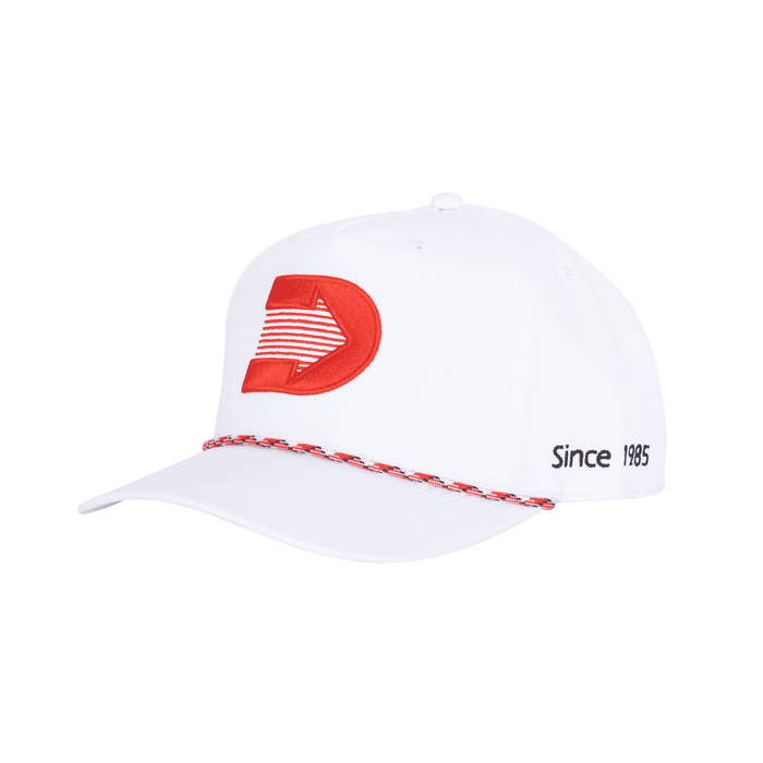 Heritage 5 Panel Polyester Cap with Custom Braid - A white cap with a red logo and custom braid detailing around the brim. Features a logo on the front.