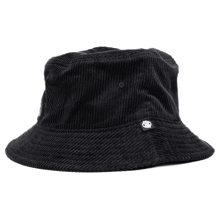 Atlanta Cord Bucket Hat - A black cord bucket hat with a brand logo on the side, featuring a wide brim and a textured fabric.
