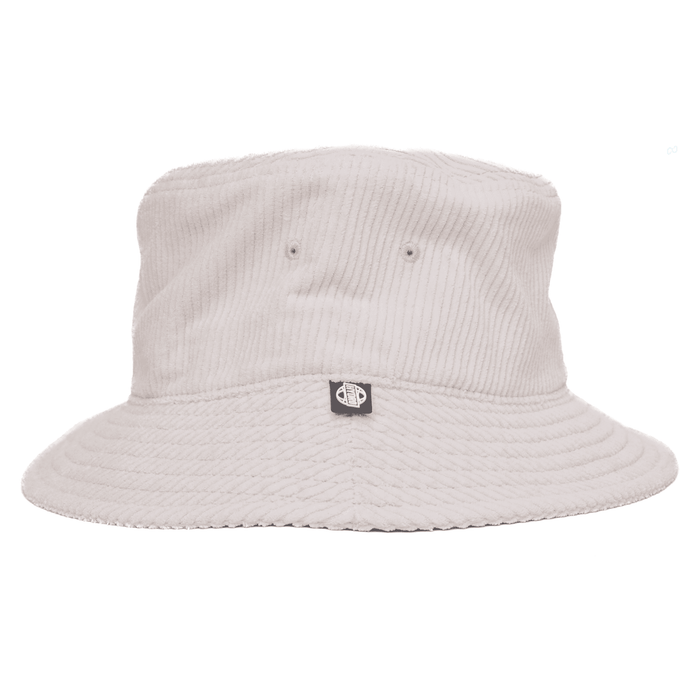 Atlanta Cord Bucket Hat - A cord bucket hat in a light beige colour with a logo tag on the side.