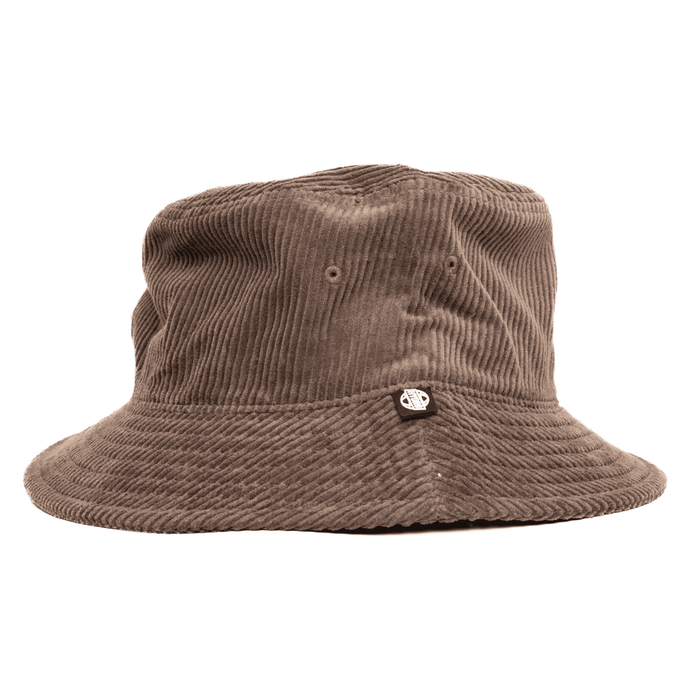 Atlanta Cord Bucket Hat - A brown cord bucket hat featuring a logo on the side and a wide brim.