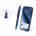 NFC Metal Ballpoint Pen - A blue metal ballpoint pen with an NFC feature next to a smartphone displaying a notification. The pen has a logo.
