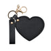 Heart-Shaped Compact Mirror with Keychain - A heart-shaped black compact mirror with a keychain attachment and a gold clasp.