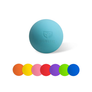 Lacrosse Ball - A blue lacrosse ball with a logo, accompanied by a range of six colourful balls in orange, yellow, pink, purple and green.