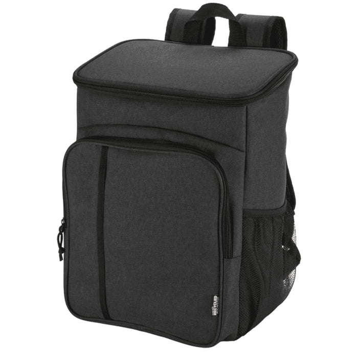 Tundra GRS RPET Picnic Cooler Backpack w/ Cutlery Set 20L - A black picnic cooler backpack with a front pocket and mesh side pockets, featuring a logo.