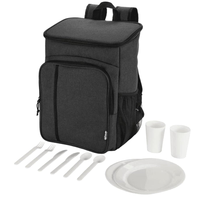 Tundra GRS RPET Picnic Cooler Backpack w/ Cutlery Set 20L - A black picnic cooler backpack with cutlery set, including plates, cups, forks, and spoons. It has a logo.