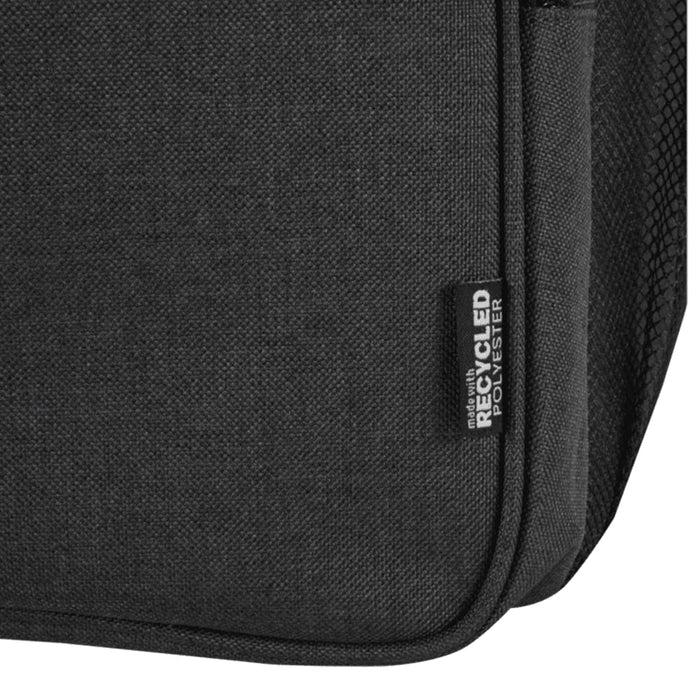 Tundra GRS RPET Picnic Cooler Backpack w/ Cutlery Set 20L - A dark grey cooler backpack with a textured finish and a label indicating recycled polyester material.