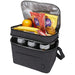 Tundra GRS RPET Double Compartment Cooler Bag 13L - A double compartment cooler bag in charcoal grey, containing snacks, fruit, and drink cans. It has a logo and an unzipped lid.