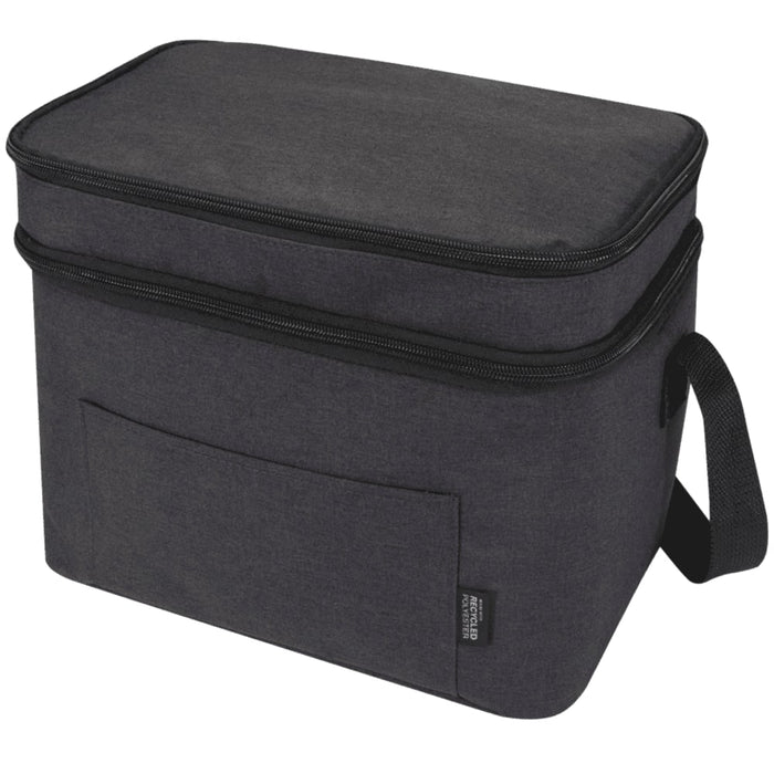 Tundra GRS RPET Double Compartment Cooler Bag 13L - A grey double compartment cooler bag with a zip closure and a side handle. It features a front pocket and has branding.