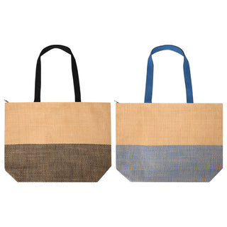 Paper Straw Large Zipped Tote - 21L - Large zipped tote bag featuring a natural tone with a black and blue patterned bottom. Includes two handles.