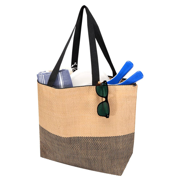Paper Straw Large Zipped Tote - 21L - A large zipped tote in natural and black tones, featuring sunglasses and items like towels and utensils inside.