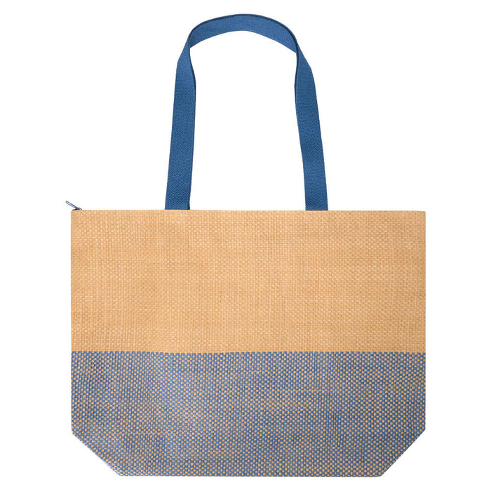 Paper Straw Large Zipped Tote - 21L - A large zipped tote in natural beige with a blue base and matching handles, featuring a logo.